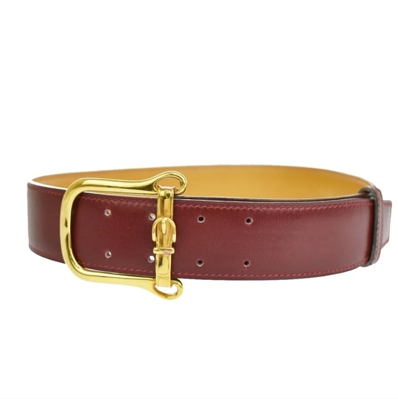 HERMES Logo Gold Buckle Leather Belt in Bordeaux Red! - Picture 1 of 15